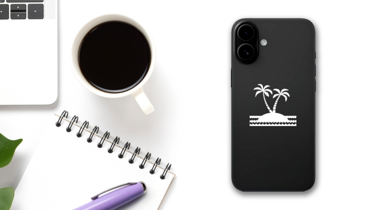 Striped Palm Tree Beach Scene Sticker on a Phone (New) example