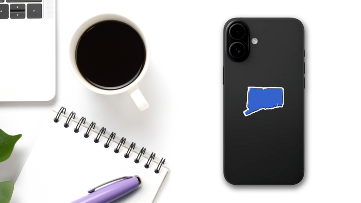 Stylized Blue Sketch Map Of Connecticut Sticker on a Phone (New) example