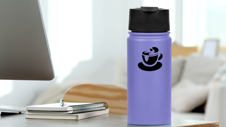 Stylized Coffee Mug Transfer Sticker on a Water Bottle (New) example