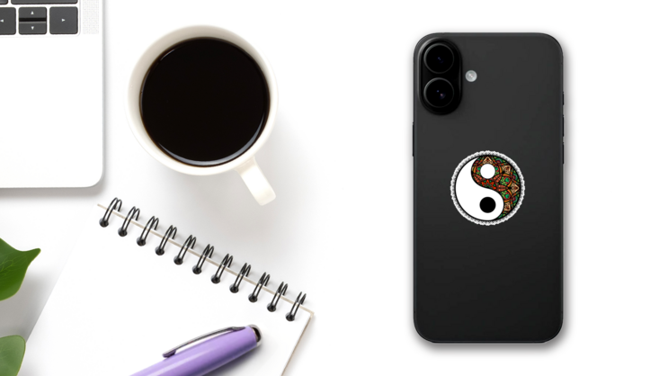 Stylized Yin And Yang Tao Mandala Symbol Sticker on a Phone (New) example