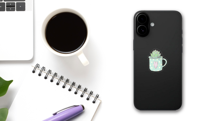 Succulent in Heart Mug Sticker on a Phone (New) example
