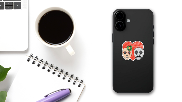 Sugar Skulls in Love Sticker on a Phone (New) example