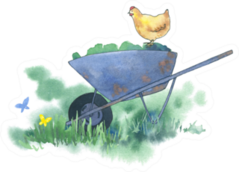 Summer Watercolor Garden Illustration With Chickens Sticker