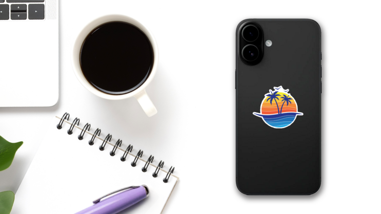 Sun Beach Ocean Palm Tree Sticker on a Phone (New) example