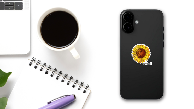 Sunflower Artwork Sticker on a Phone (New) example
