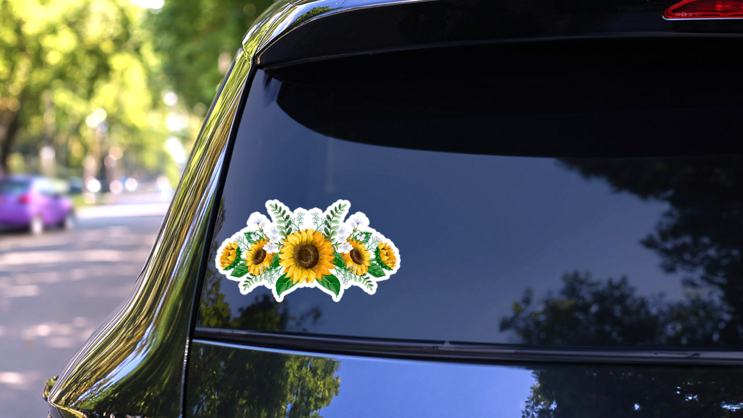 Sunflowers Bouquet With Wild Flowers Sticker on a Rear Car Window (New) example