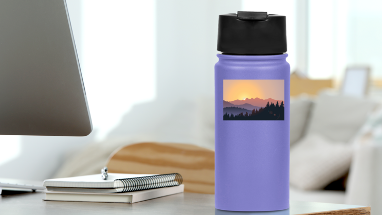 Sunrise Behind Mountains Sticker on a Water Bottle (New) example