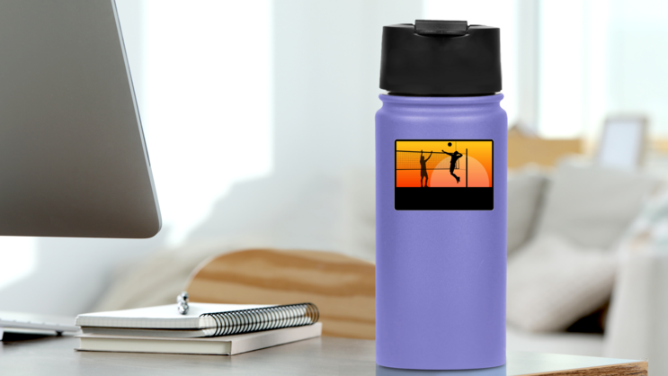 Sunset Beach Volleyball Players Sticker on a Water Bottle (New) example