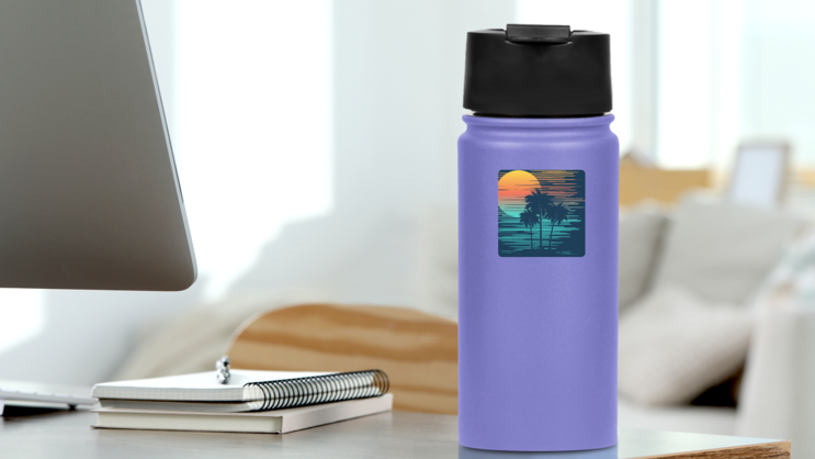 Sunset On Tropical Beach With Palm Tree Sticker on a Water Bottle (New) example