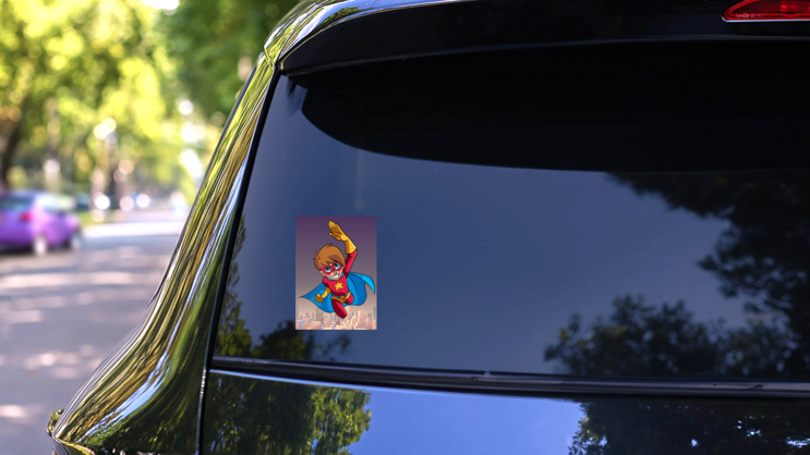 Super Boy Flying Above The City Sticker on a Rear Car Window (New) example
