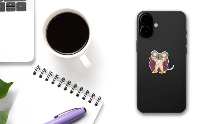 Superhero Mouse Sticker on a Phone (New) example