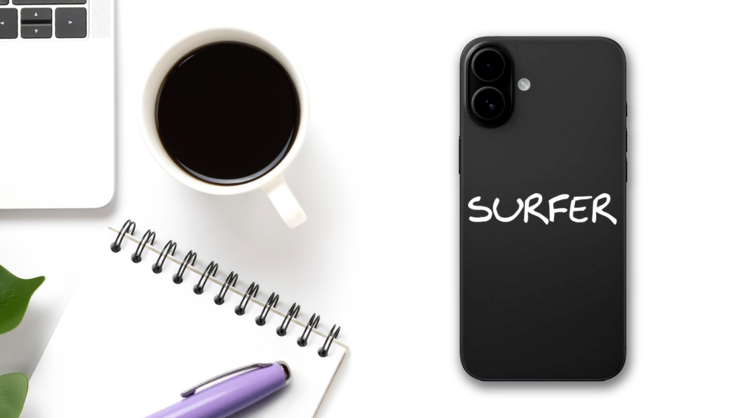 Surfer Text Sticker on a Phone (New) example