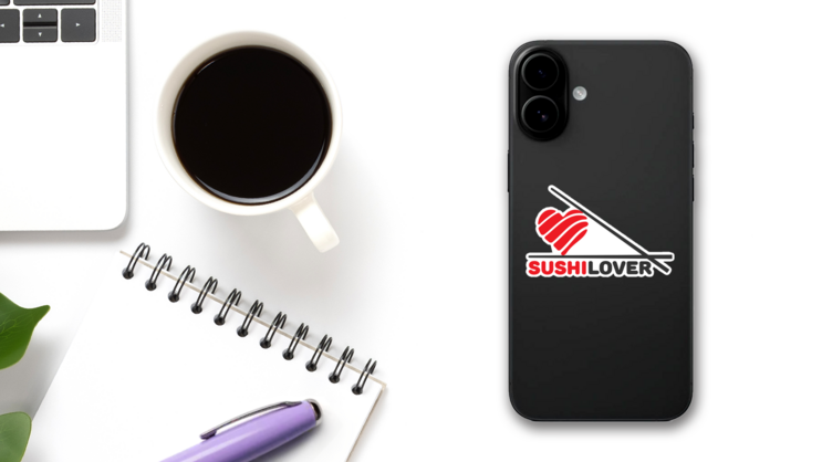 Sushi Lover Heart And Chopsticks Sticker on a Phone (New) example