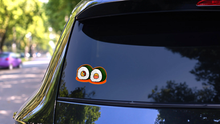 Sushi Rolls Orange Sticker on a Rear Car Window (New) example