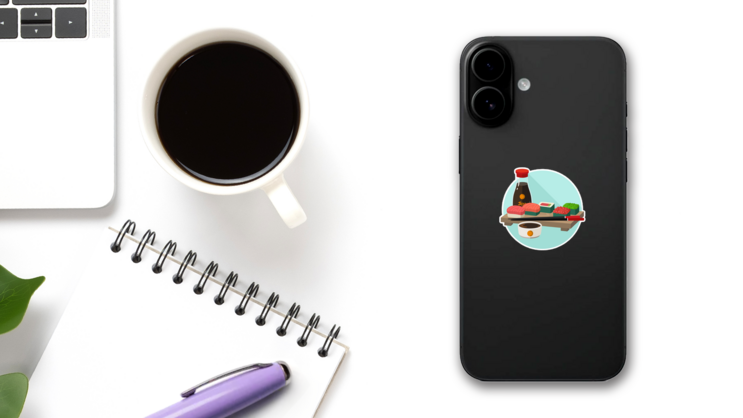 Sushi Rolls With Soy Sauce On Board Sticker on a Phone (New) example