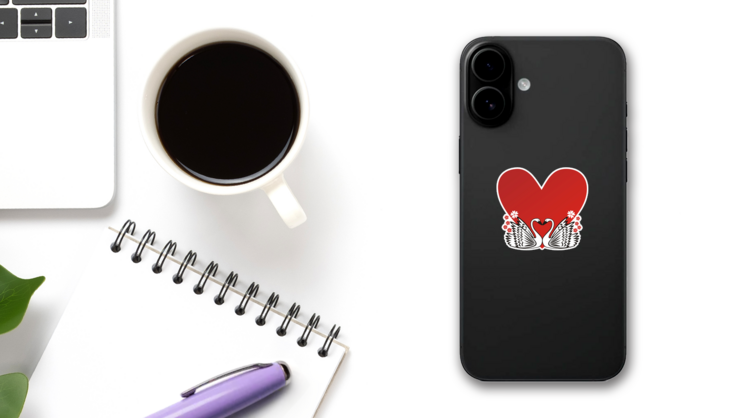 Swan Love Heart Romantic Illustration Sticker on a Phone (New) example