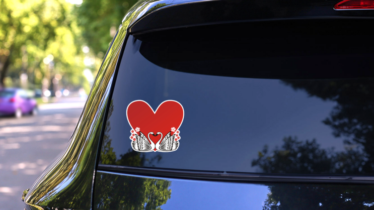 Swan Love Heart Romantic Illustration Sticker on a Rear Car Window (New) example