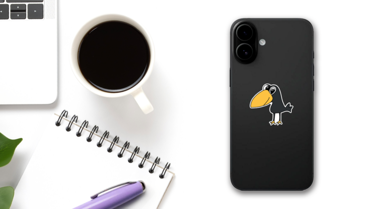 Sweet Black Crow Cartoon Art Sticker on a Phone (New) example
