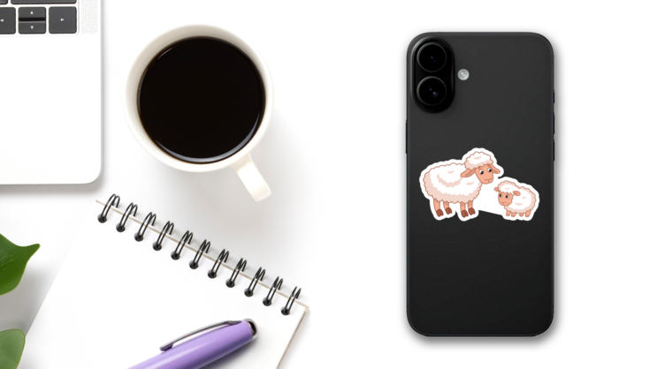 Sweet Cartoon Mother Sheep With Her Cute Lamb Sticker on a Phone (New) example