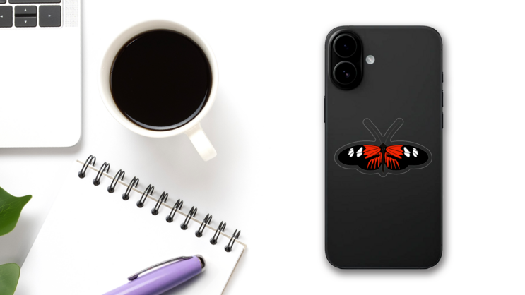 Sweet Red Butterfly Sticker on a Phone (New) example