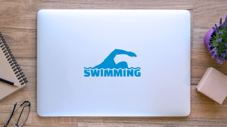 Swimming Text With Silhouette Sticker on a Laptop (New) example