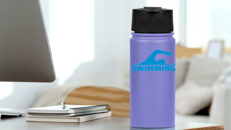 Swimming Text With Silhouette Sticker on a Water Bottle (New) example