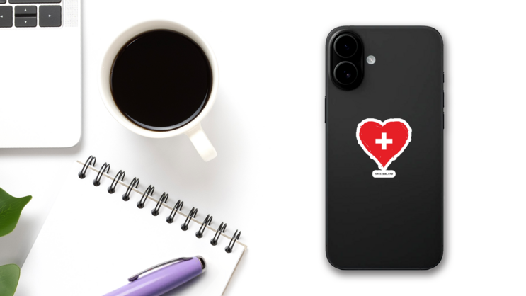 Switzerland Flag In Heart Shape Sticker on a Phone (New) example