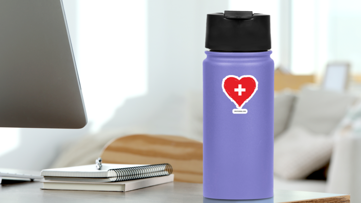 Switzerland Flag In Heart Shape Sticker on a Water Bottle (New) example