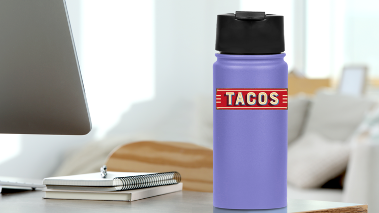 Taco Metal Sign Sticker on a Water Bottle (New) example