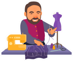 Tailor Holding Thread With Needle Smiling At Work Sticker