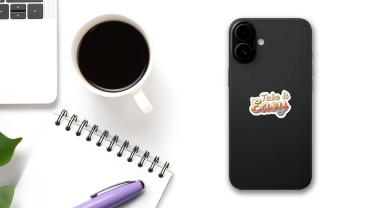 Take It Easy 70s Vintage Hawaii Lettering Sticker on a Phone (New) example