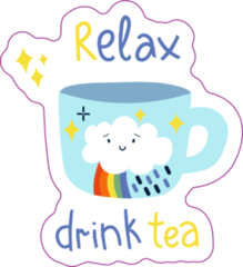 Tea Cup With Cute Clouds And Rainbow, Relax Drink Tea Sticker
