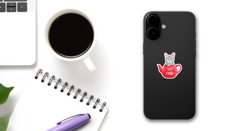 Tea Time Illustration Of Tea Pot And Kitten Sticker on a Phone (New) example