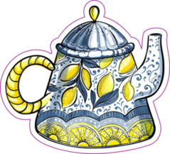 Tea Time Kettle Lemon Print Hand Draw Colorful Illustration Sticker