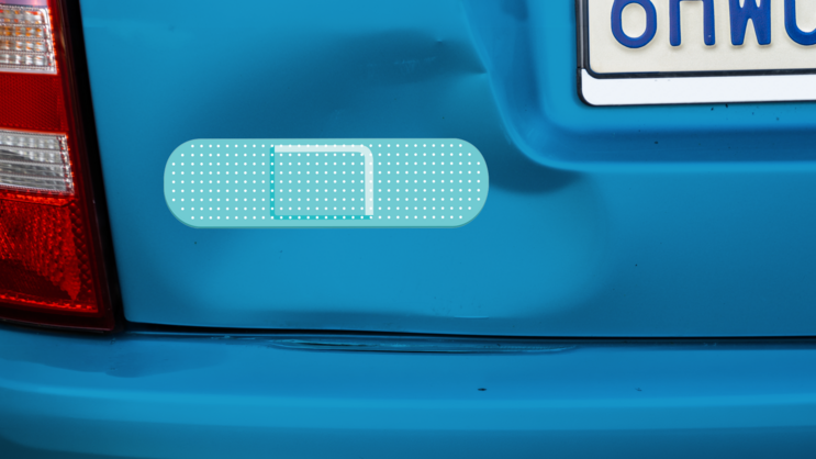 Teal Band Aid Bandage Sticker on a Dented Car example
