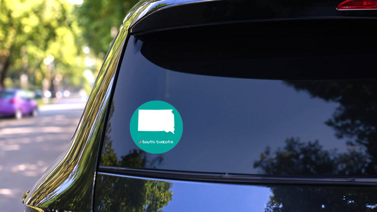 Teal Map Of South Dakota Sticker on a Rear Car Window (New) example