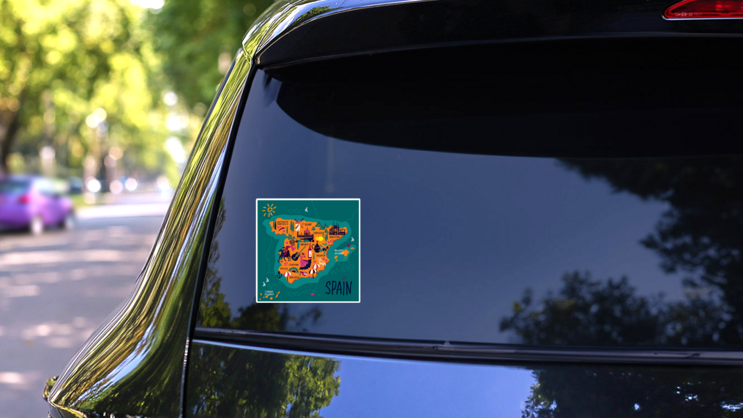 Teal Stylized Map Of Spain With Symbols Sticker on a Rear Car Window (New) example