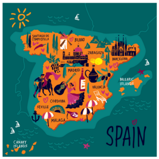 Teal Stylized Map Of Spain With Symbols Sticker
