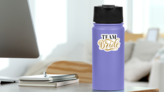 Team Bride Calligraphy Printed Sticker on a Water Bottle (New) example