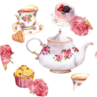 Teatime - Tea Pot, Teacup, Cakes And Flowers Sticker