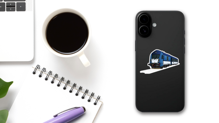 Technical Illustration Of Train, Locomotive Sticker on a Phone (New) example