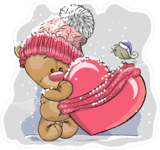 Teddy Bear In A Knitted Cap Holding A Heart Sticker