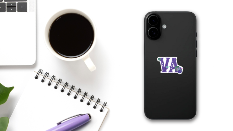 Territory Abbreviation Of Virginia Purple Sparkle Sticker on a Phone (New) example