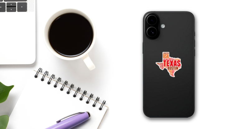 Texas Usa State Word Map Sticker on a Phone (New) example