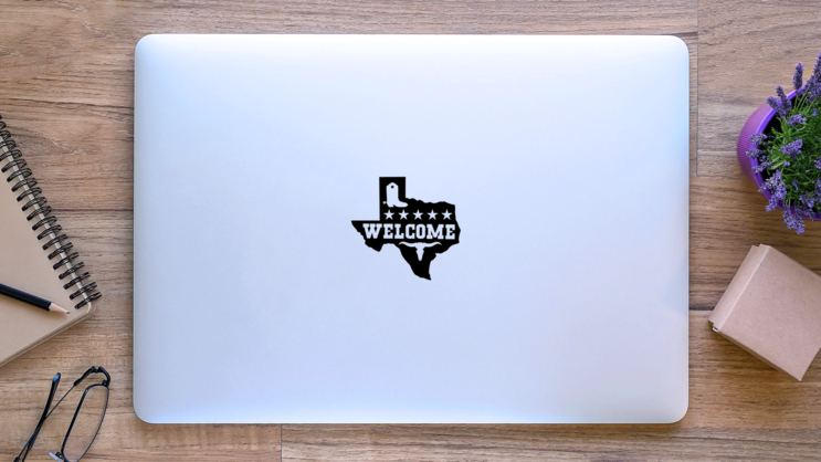 Texas Welcome  With Bull Skull And Cowboy Boots Sticker on a Laptop (New) example