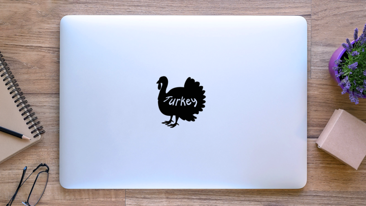 Thanksgiving Turkey Icon With Text Sticker on a Laptop (New) example