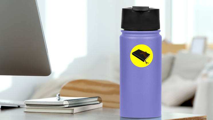 The Back Holy Bible On Yellow Background Sticker on a Water Bottle (New) example