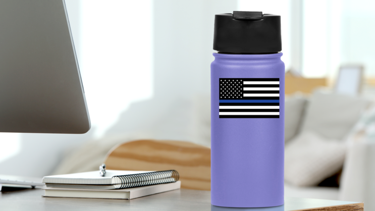 The Thin Blue Line Us Flag Sticker on a Water Bottle (New) example
