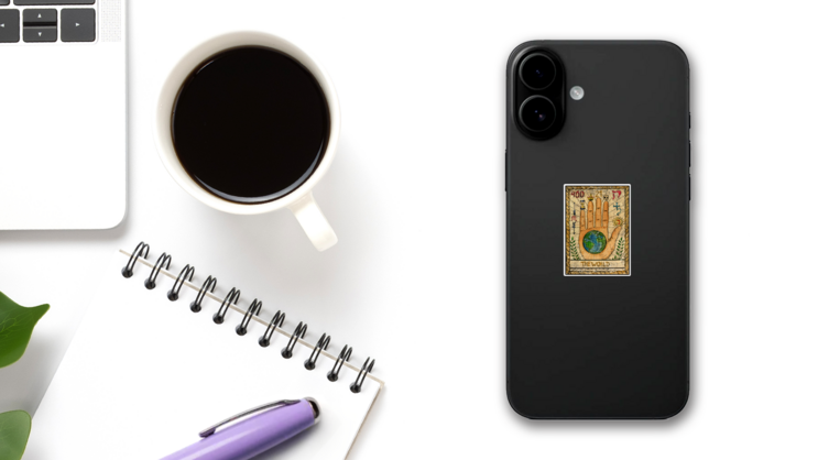 The World  Full Color Tarot Card Sticker  on a Phone (New) example