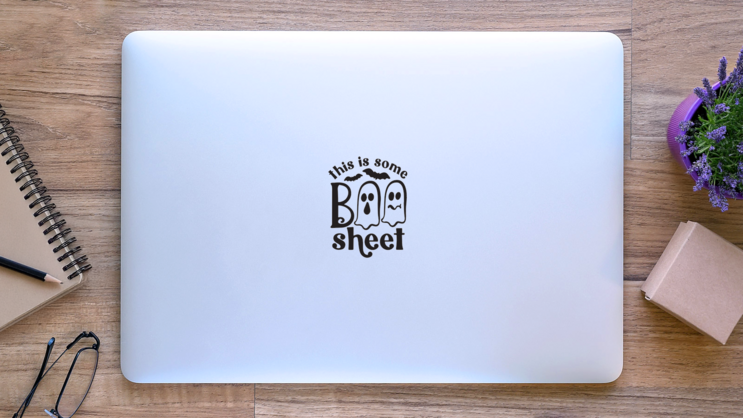 This Is Some Boo Sheet Ghost & Bats Lettering Sticker on a Laptop (New) example